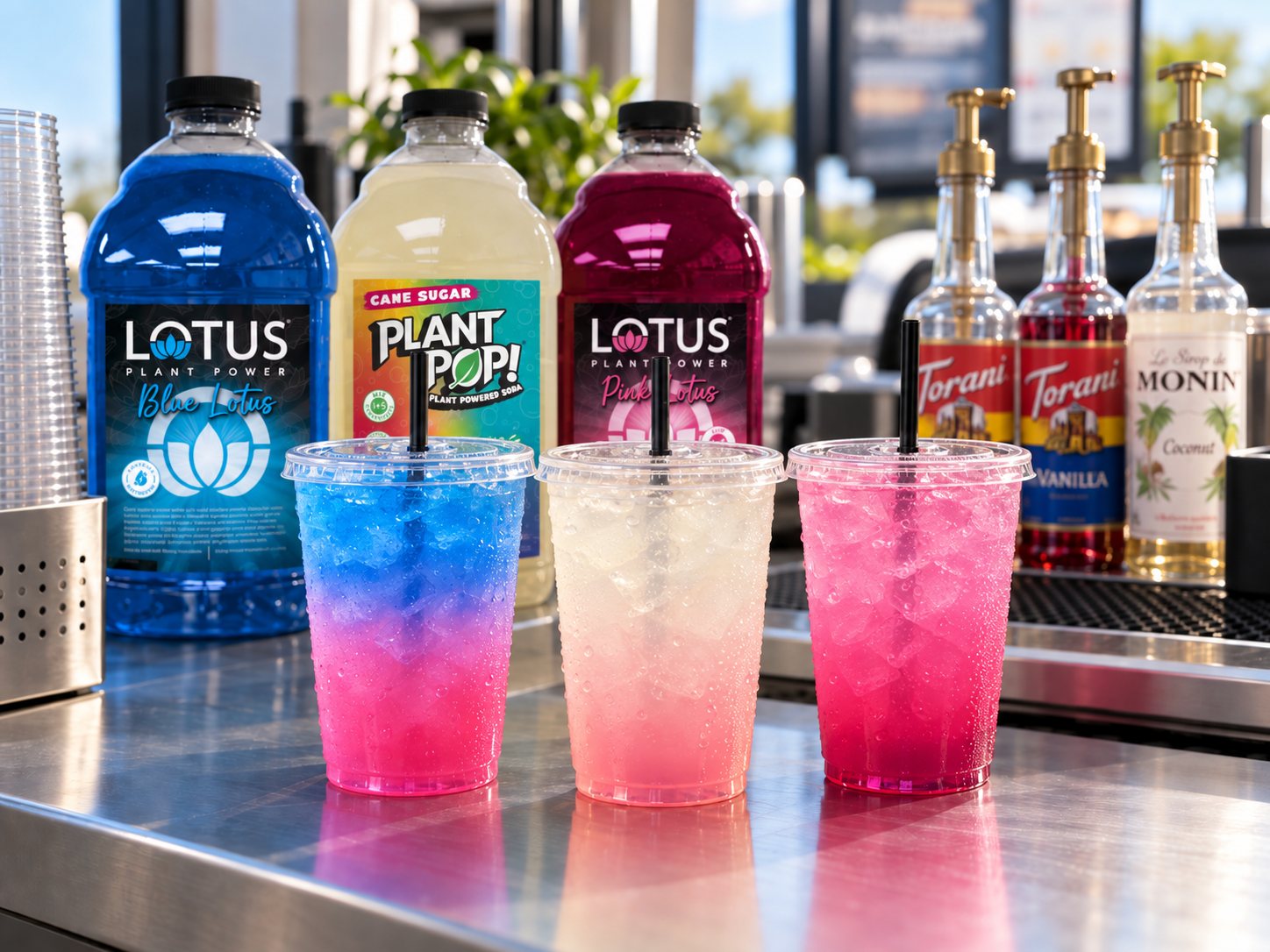 Layered Lotus drinks on a counter with Lotus concentrates, Torani and Monin syrups