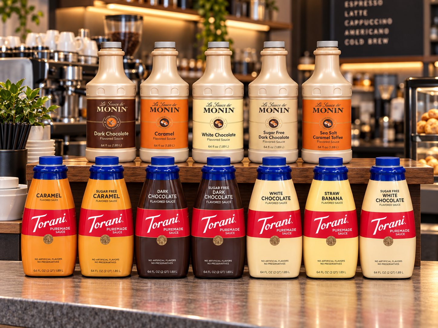 Monin and Torani sauce bottles on a coffee bar counter