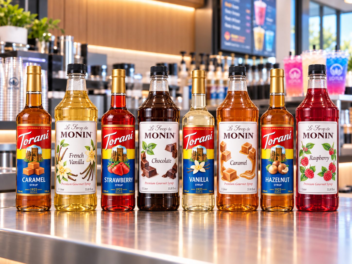 Torani and Monin flavoring syrup bottles on a coffee bar counter